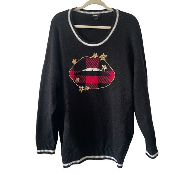 Torrid Black Sweater Size 2X plaid red lips gold sequin stars - Picture 1 of 4